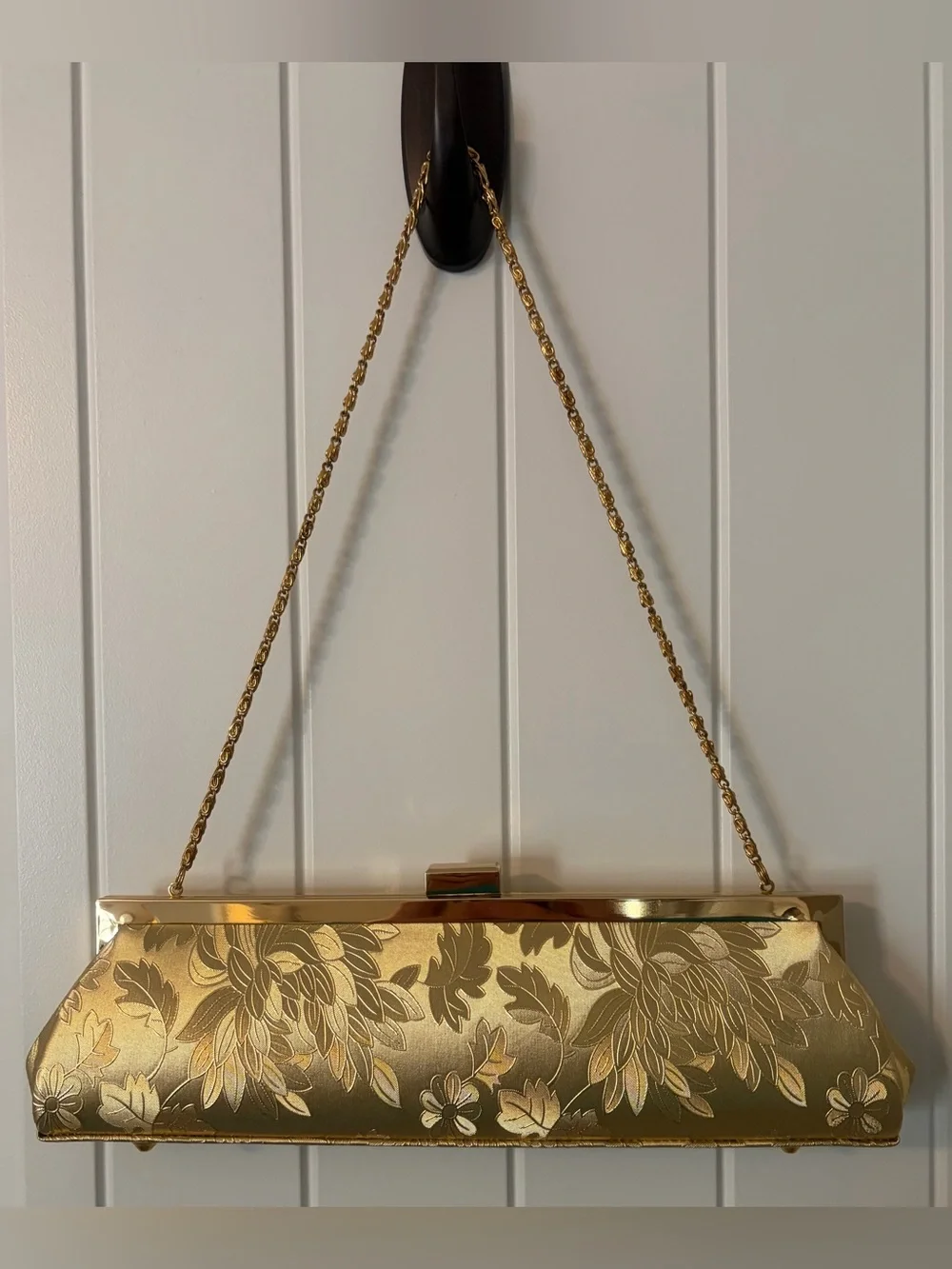 Gold Floral Embossed Evening Clutch with Chain Strap